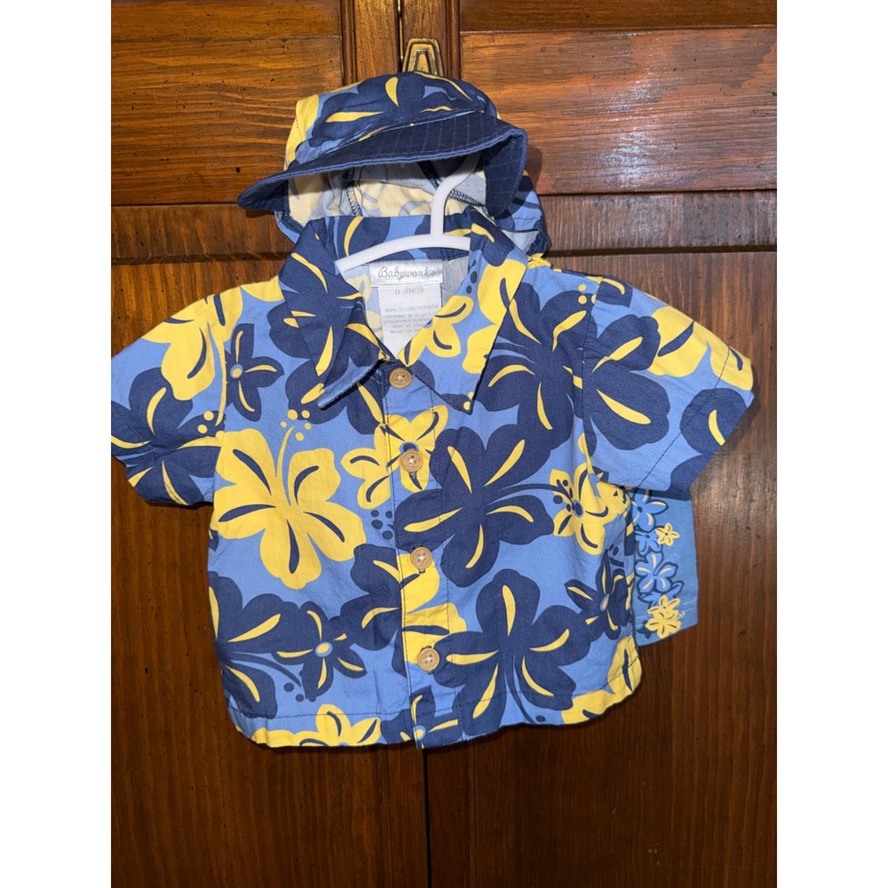 Babyworks 3pc Tropical Hibiscus Shirt Shorts Hat Set Blue Yellow 0-3 Months
